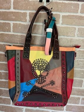 AmeriLeather Leather Patchwork Studded Skull Tote Bag Boho Rocker NWOT colorful